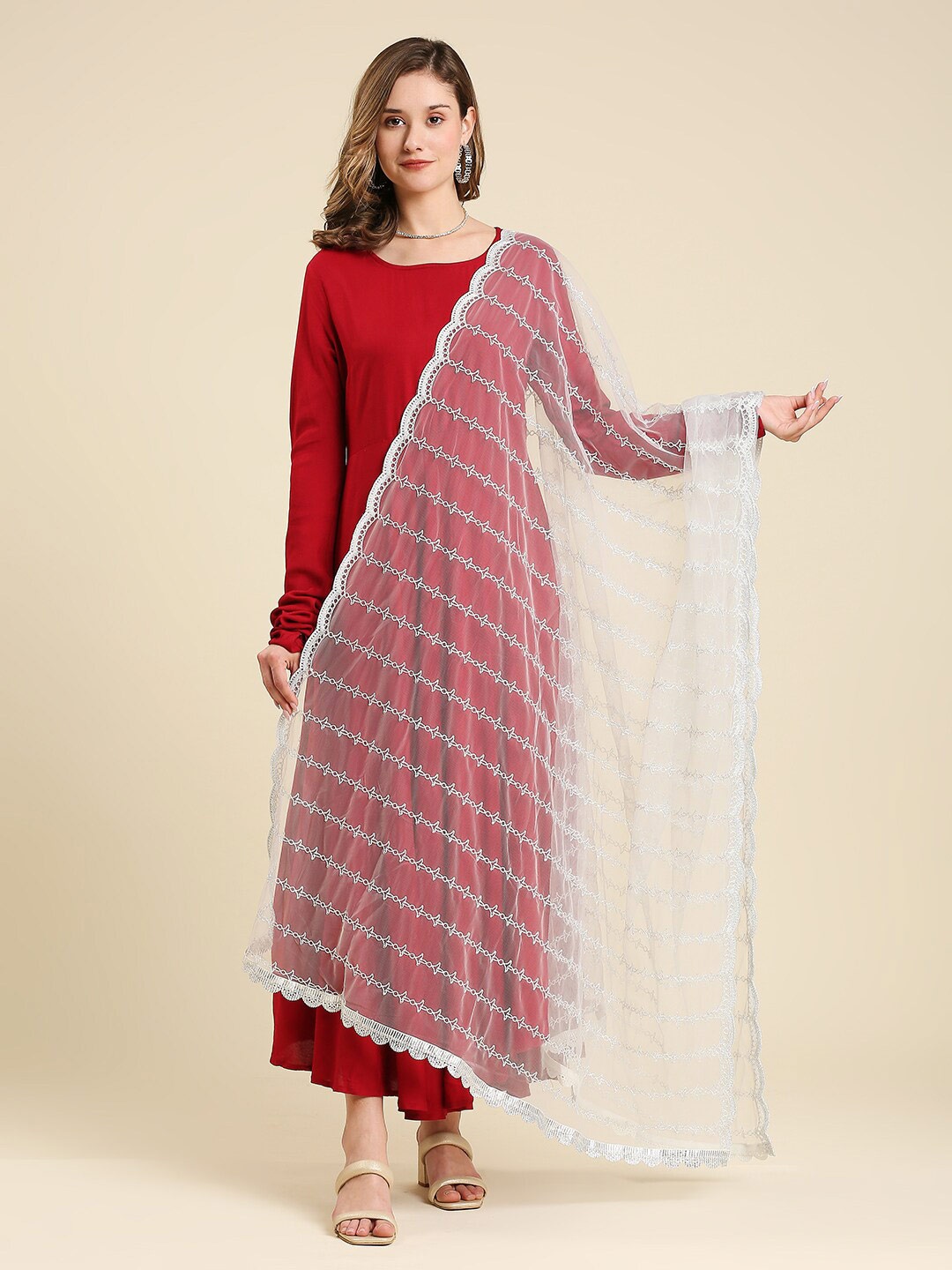 

Dupatta Bazaar Embroidered Dupatta with Thread Work, Silver