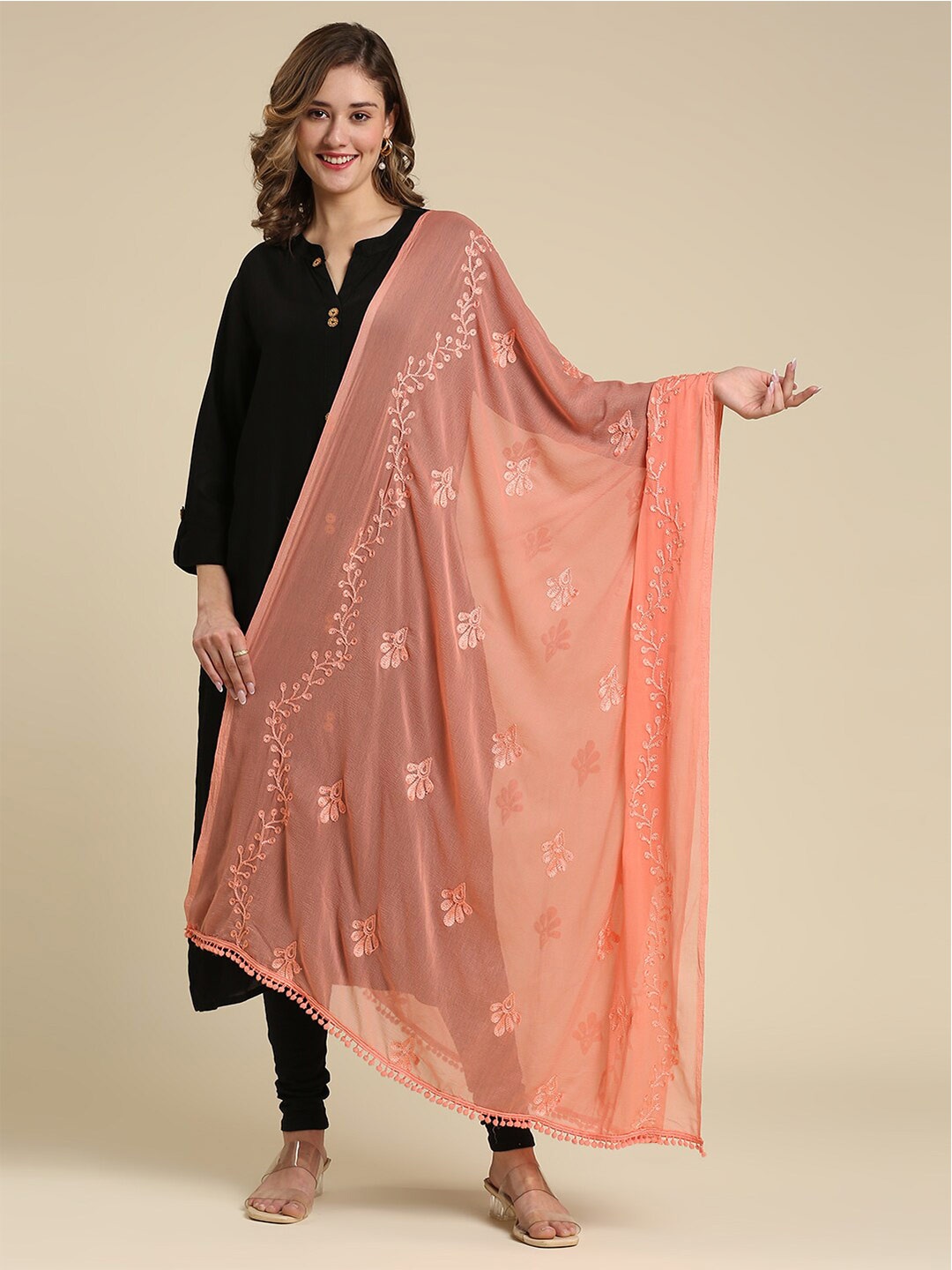 

Dupatta Bazaar Embroidered Dupatta with Thread Work, Peach