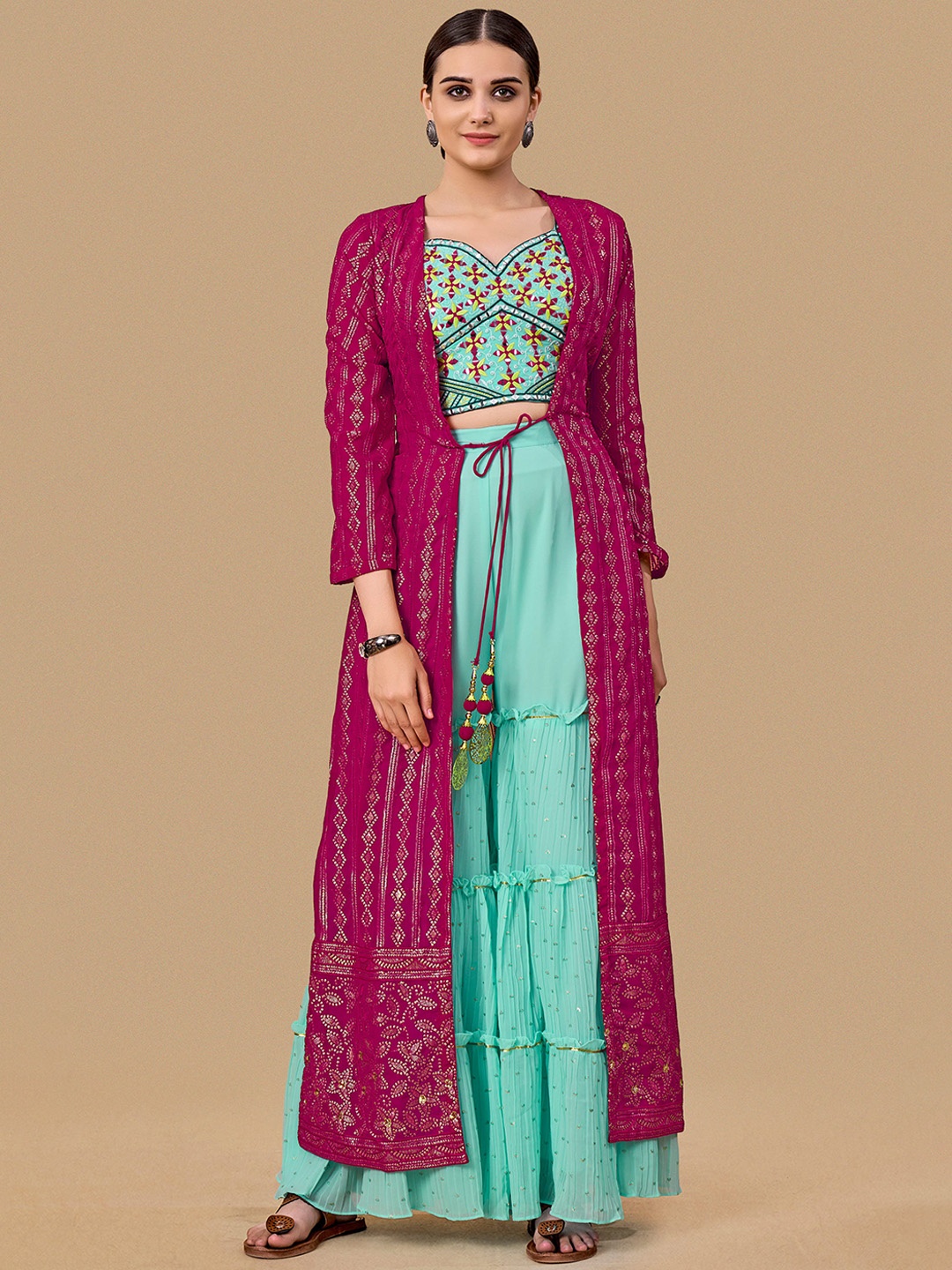 

Fusionic Embroidered Crop Top & Sharara Co-Ord Comes With Long Shrug, Blue
