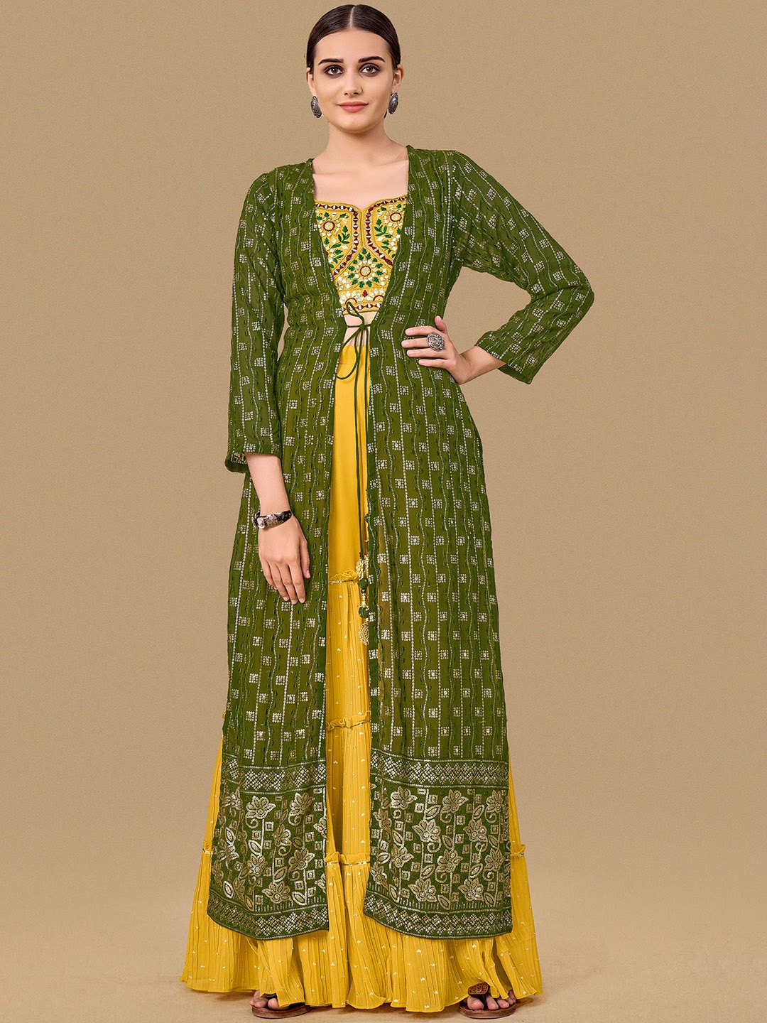 

Fusionic Embellished Crop Top With Sharara Comes With Shrug, Yellow