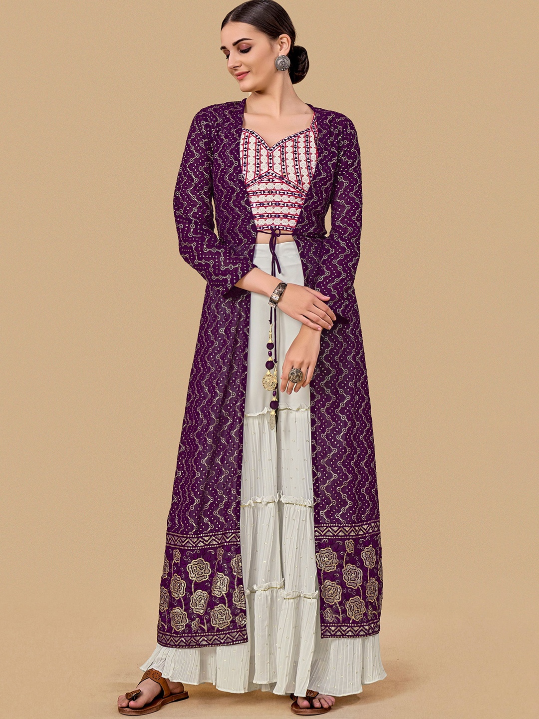 

Fusionic Embellished Crop Top With Sharara Co-Ord Comes With Long Shrug, White
