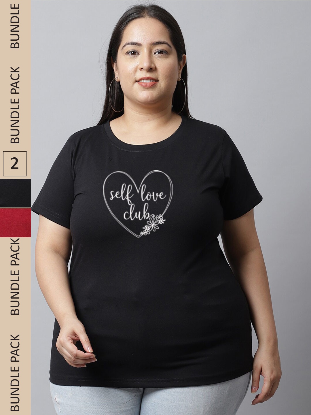 UnaOne Plus Size Pack Of 2 Typography Printed Cotton T-shirt, Black