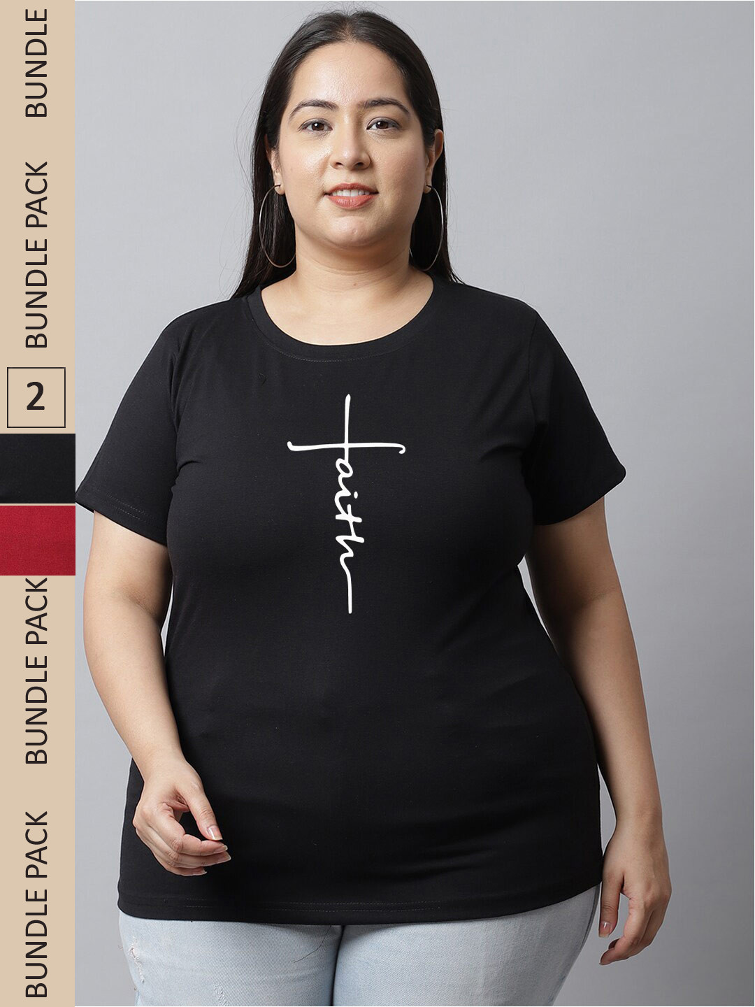 

UnaOne Plus Size Pack of 2 Round Neck Pure Cotton Slim Fit T-shirts, Black