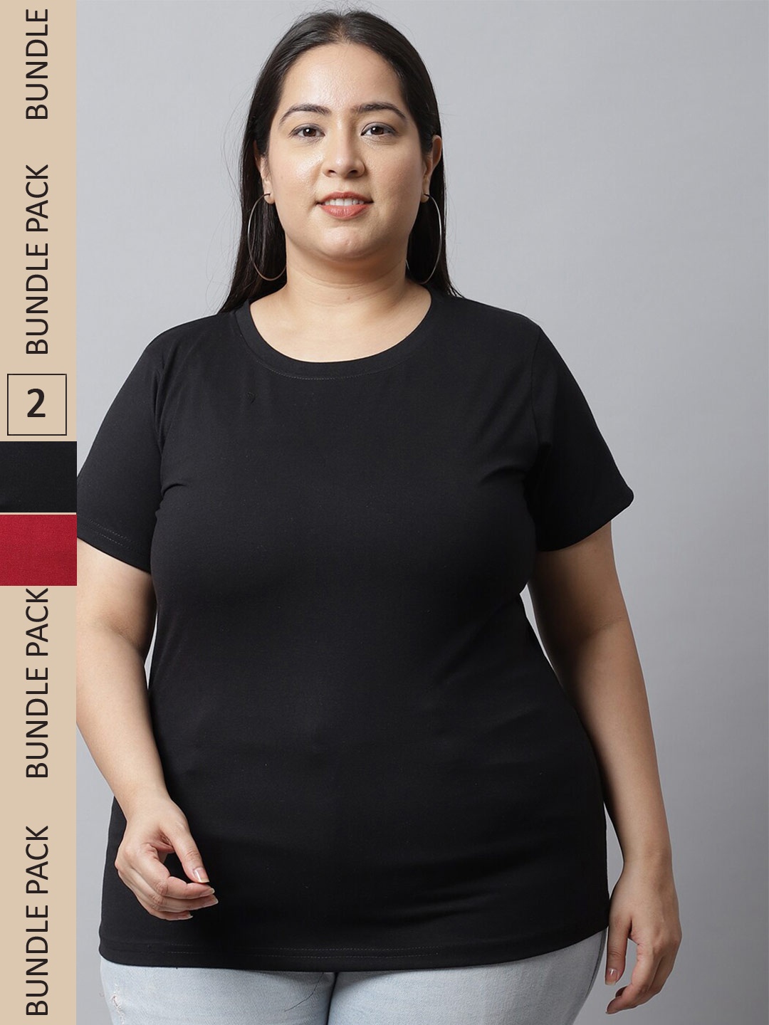 

UnaOne Plus Size Round Neck Pure Cotton Slim Fit T-shirts, Black