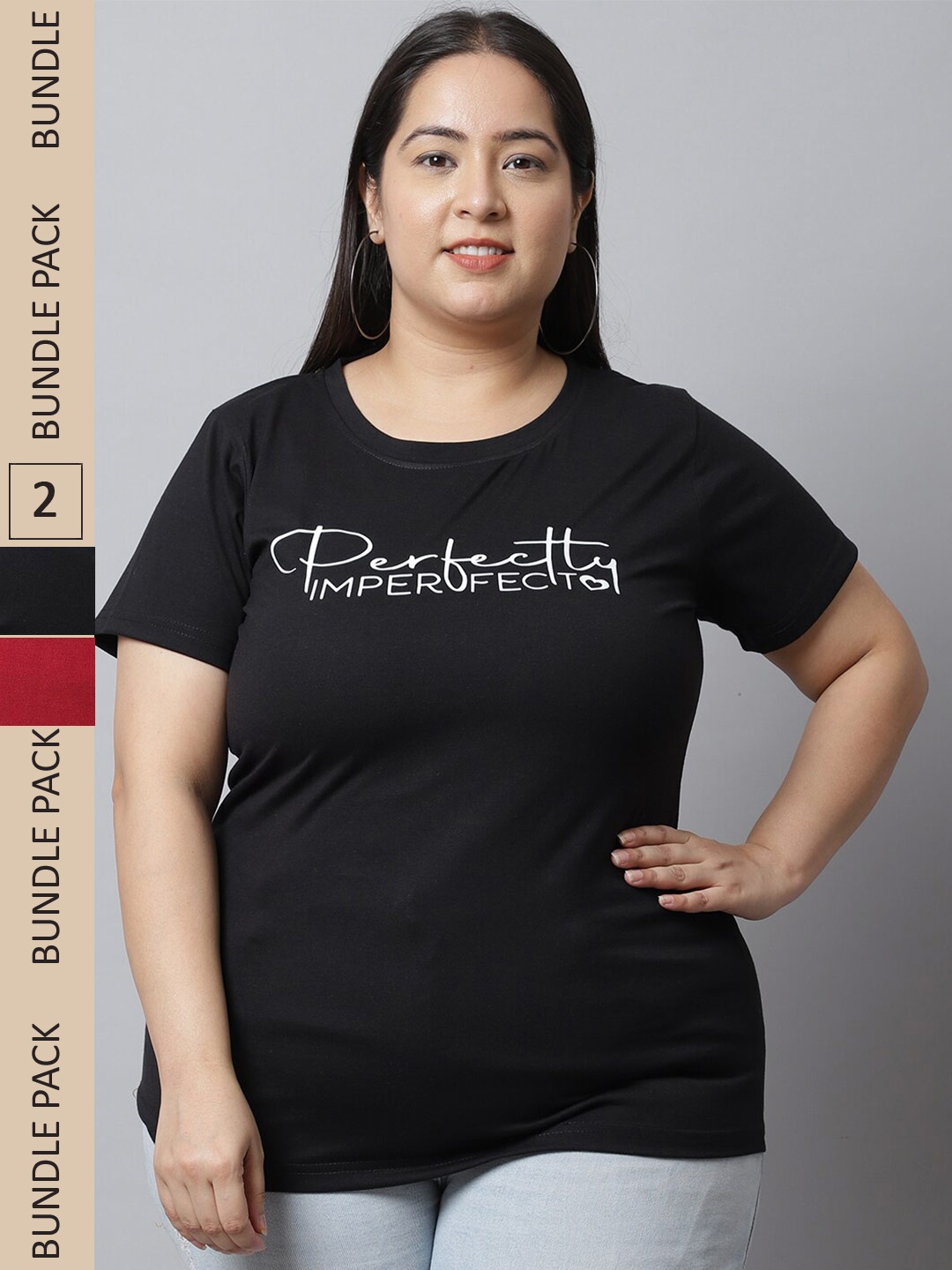 UnaOne Plus Size Pack Of 2 Typography Printed Cotton T-shirt, Black