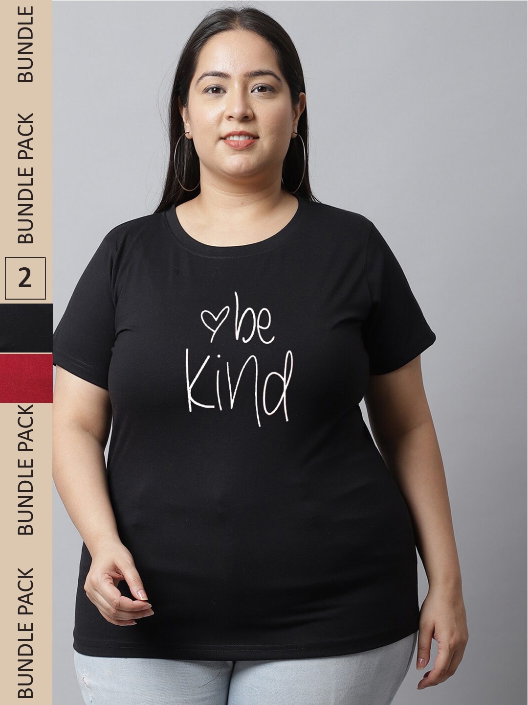 UnaOne Plus Size Pack Of 2 Typography Printed Cotton T-shirt, Black