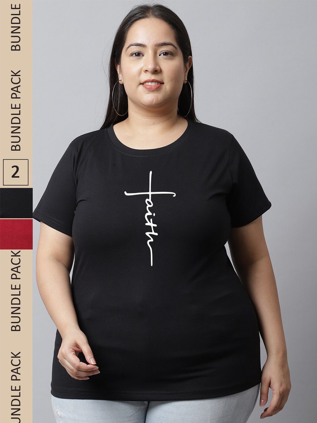 

UnaOne Plus Size Pack of 2 Typography Printed Pure Cotton Slim Fit T-shirts, Black