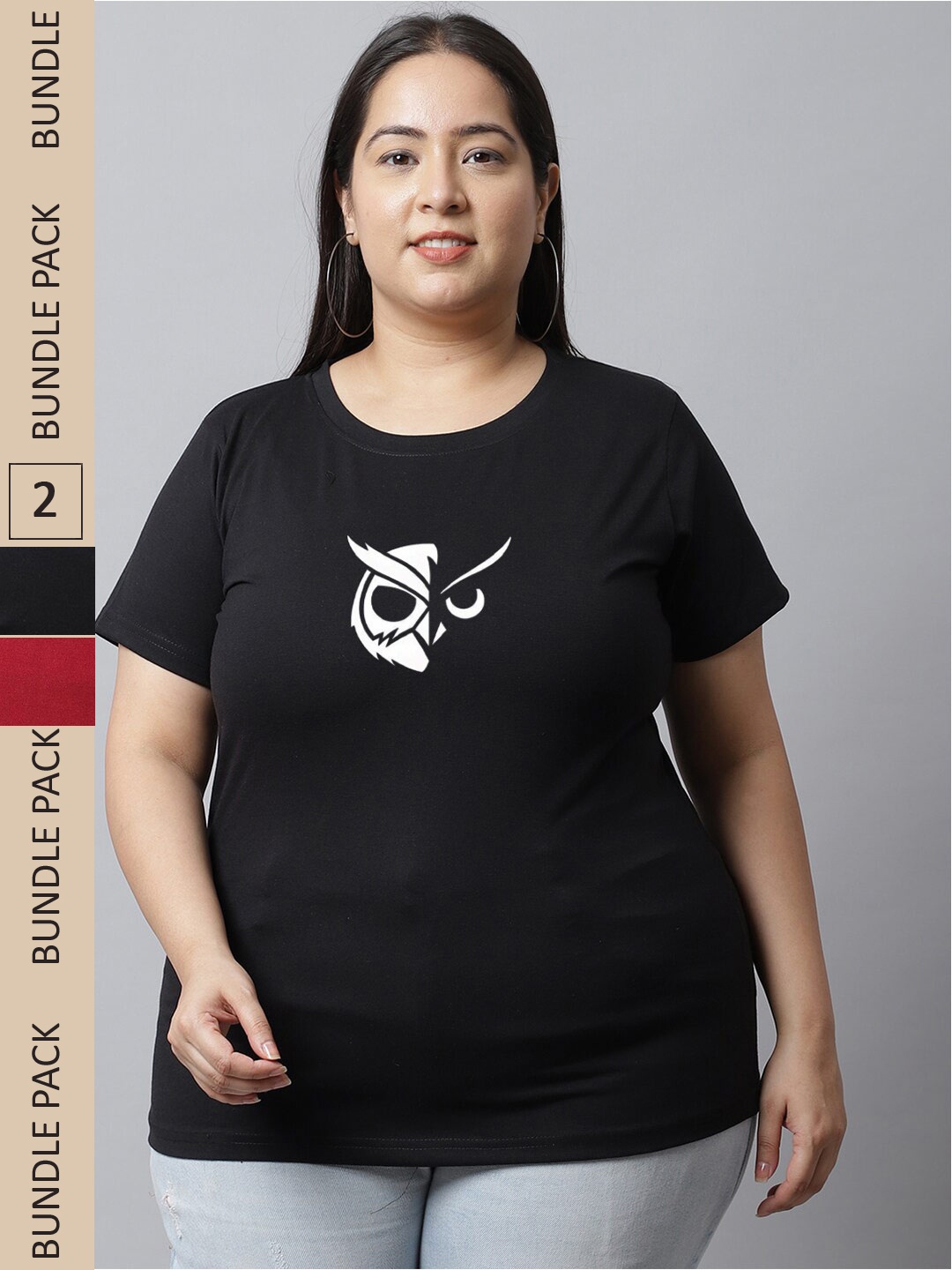 

UnaOne Plus Size Pack Of 2 Graphic Printed Cotton T-shirt, Black