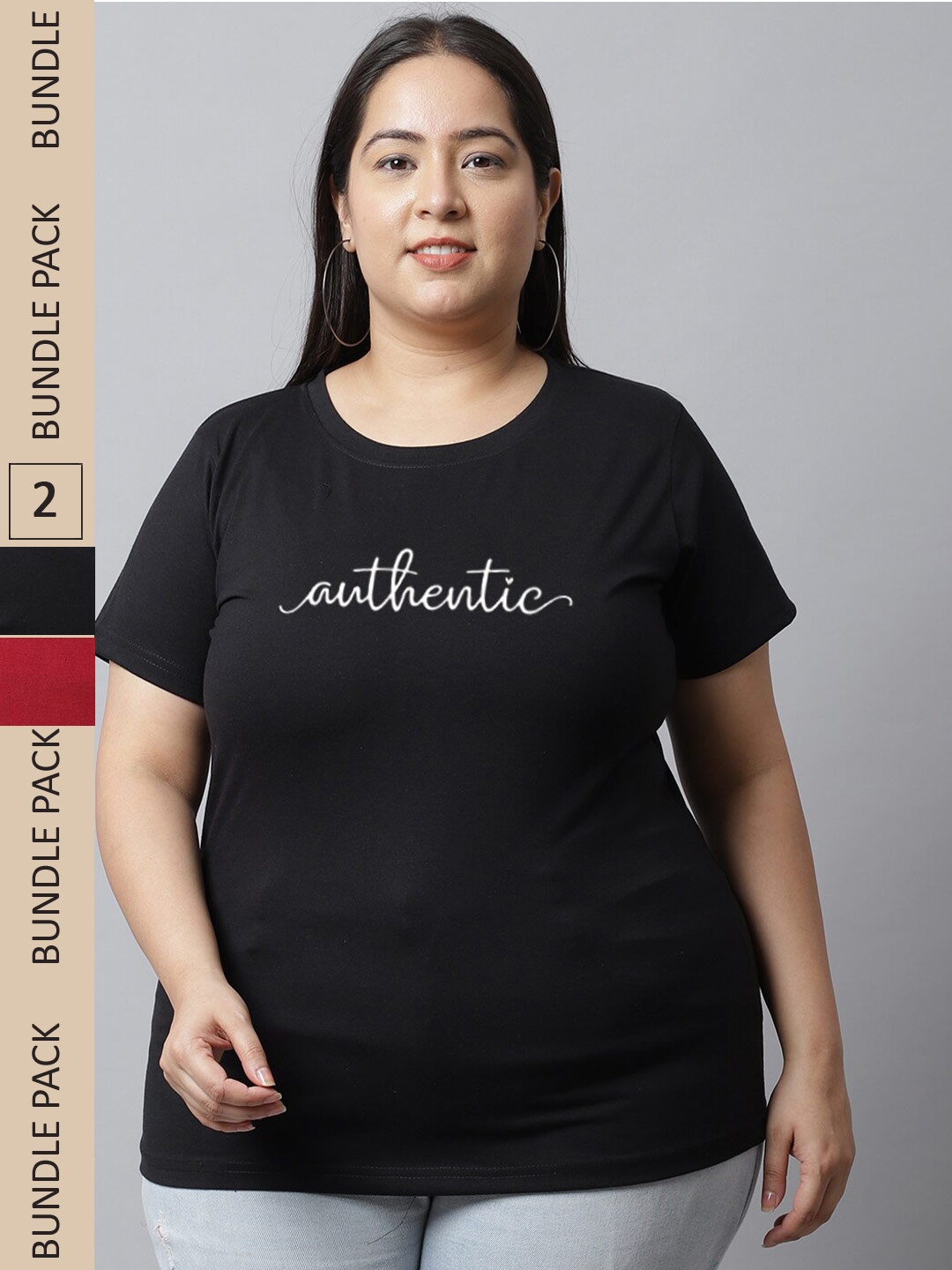 

UnaOne Plus Size Pack Of 2 Typography Printed Cotton T-shirt, Black