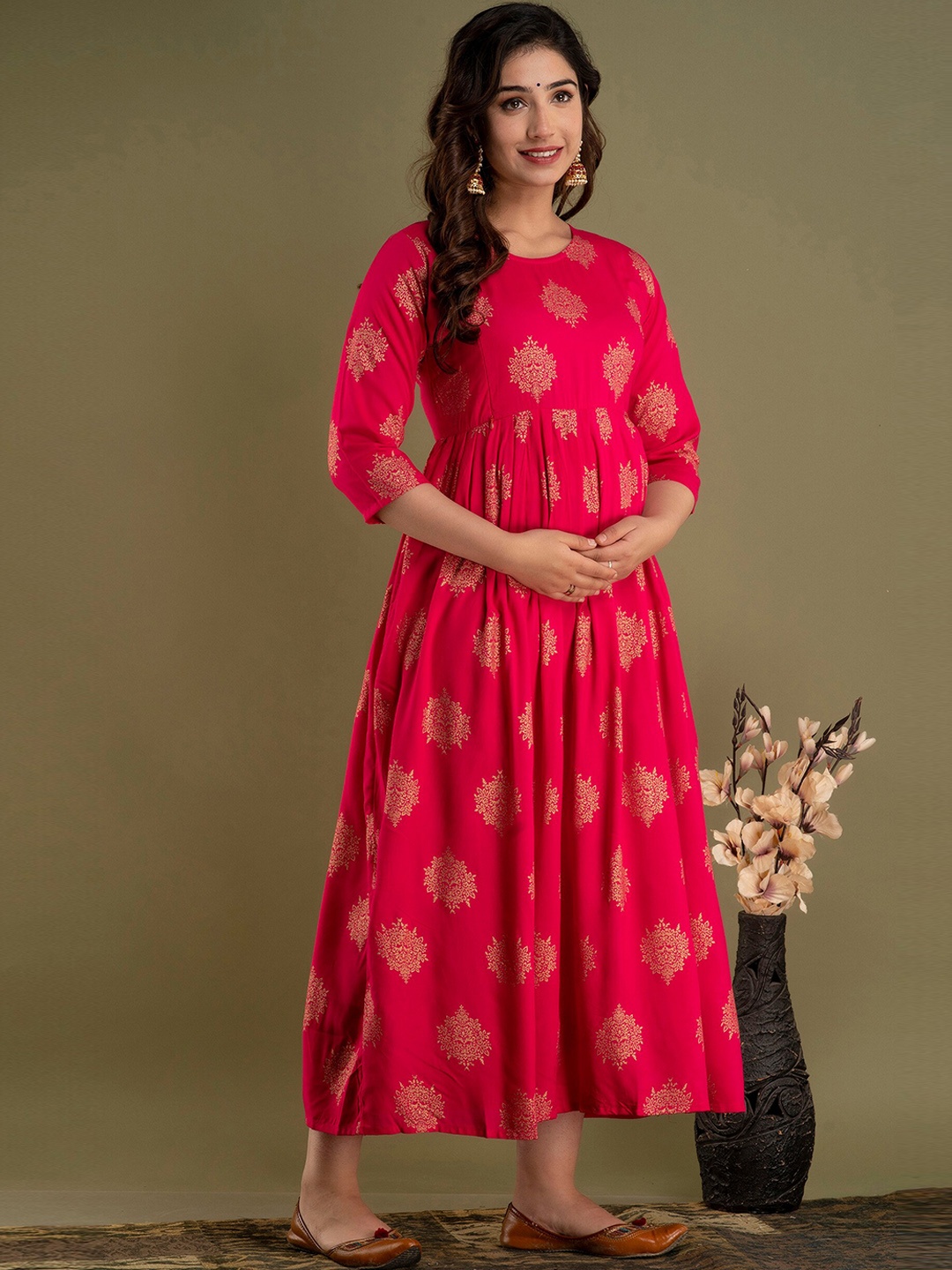 

Mialo fashion Ethnic Motifs Printed Cotton Maternity Ethnic Dress, Pink