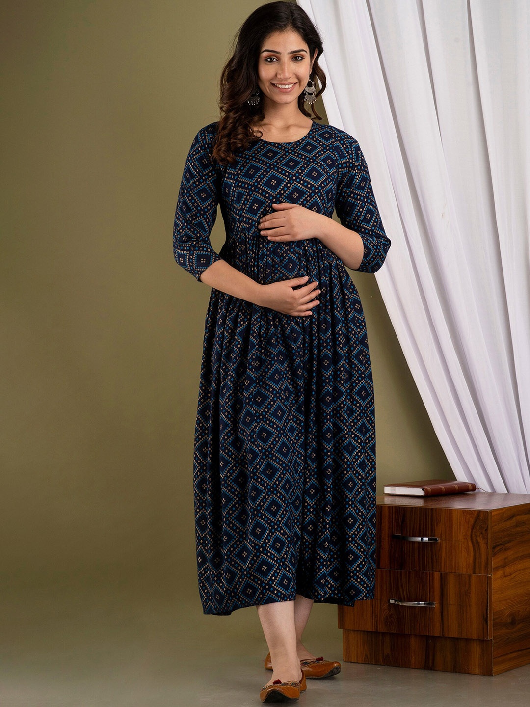 

Mialo fashion Ethnic Motifs Printed Cotton Maternity Ethnic Dress, Blue