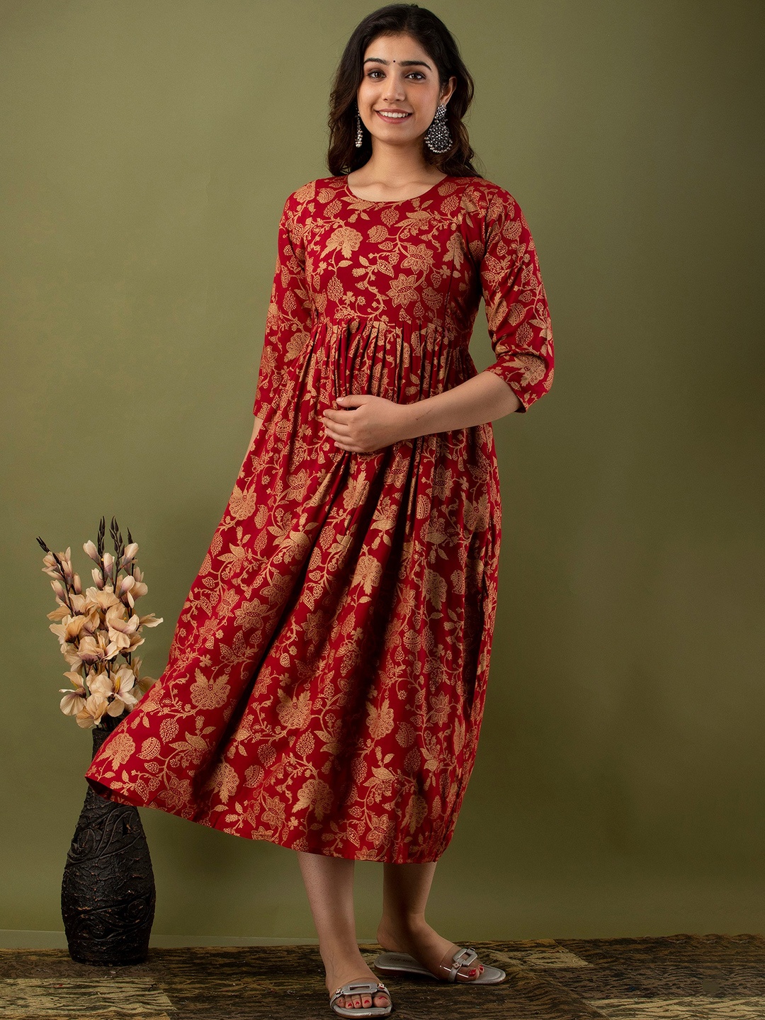 

Mialo fashion Floral Printed Cotton Maternity Ethnic Dress, Red