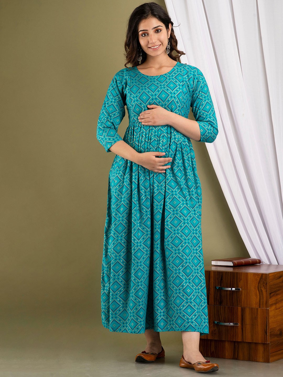 

Mialo fashion Ethnic Motifs Printed Cotton Maternity Ethnic Dress, Teal