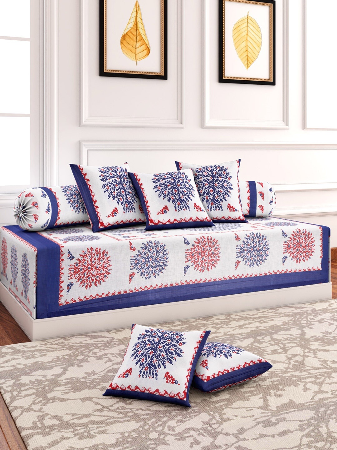 

Rajasthan Decor White & Blue 8 Pieces Printed Cotton Diwan Set