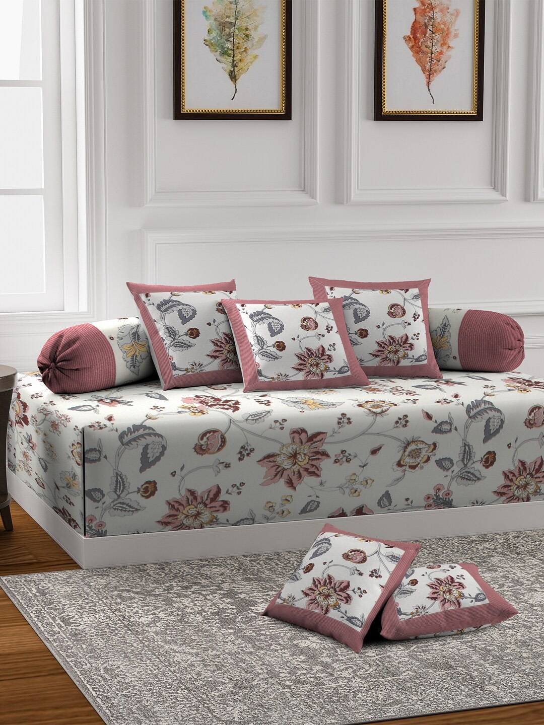 

Rajasthan Decor White & Pink 8-Pieces Printed Cotton Diwan Set