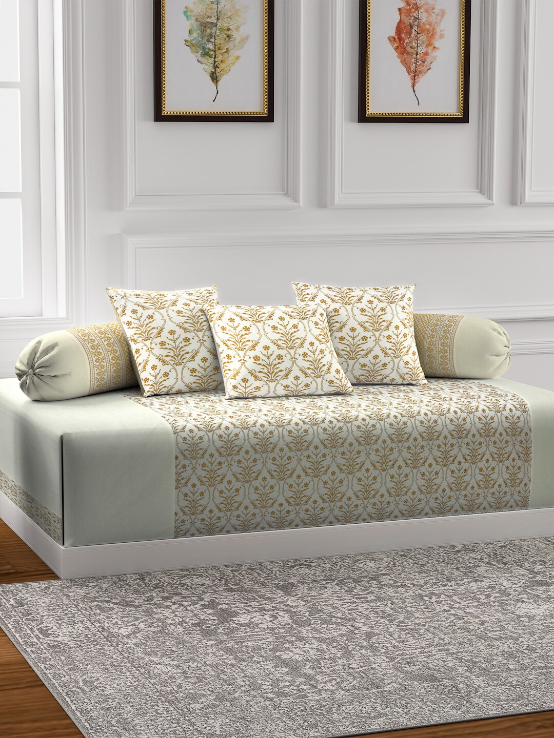 

Rajasthan Decor Gold & White 6-Pieces Floral Printed Cotton Diwan Set