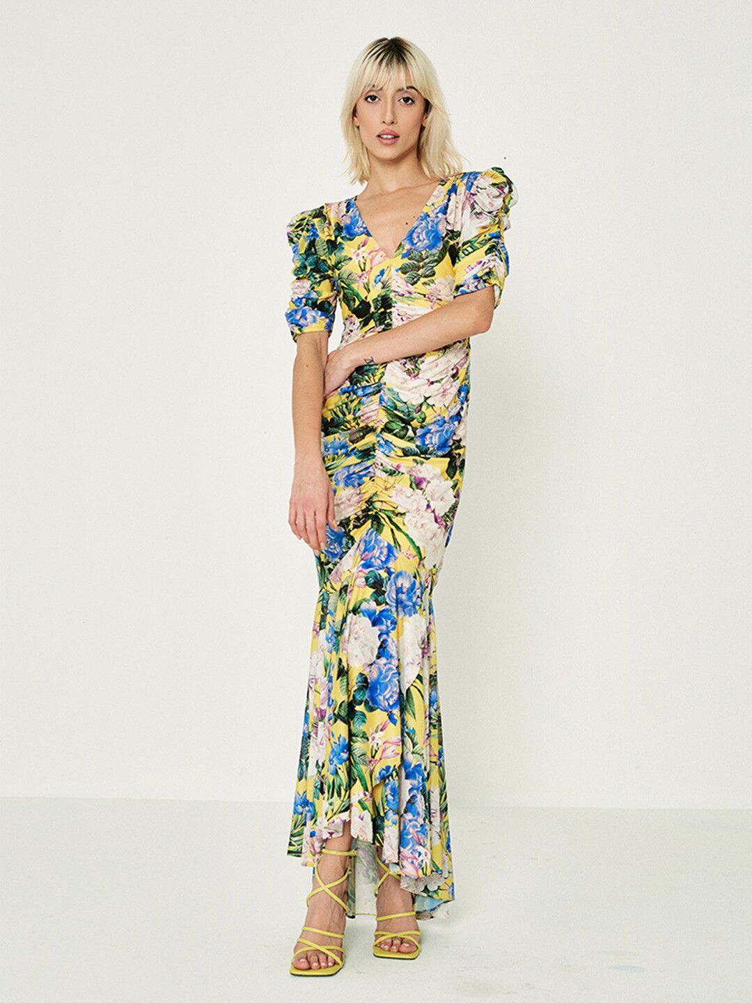 

COVER STORY Floral Print Puff Sleeve Maxi Dress, Mustard