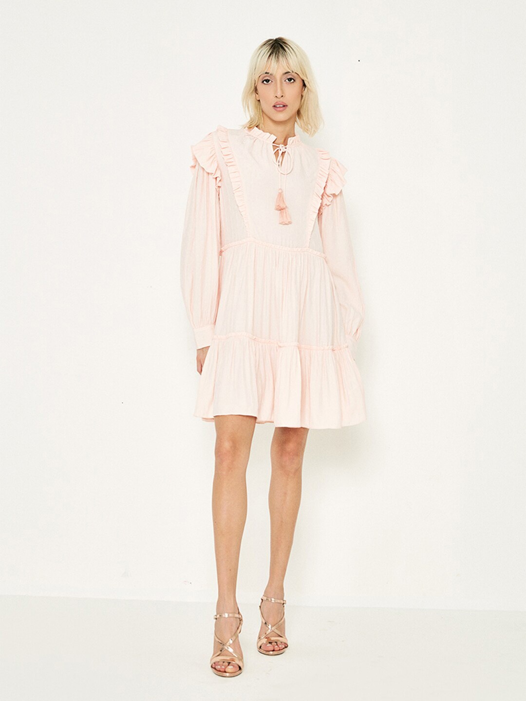

COVER STORY Tie-Up Neck Fit & Flare Dress, Pink