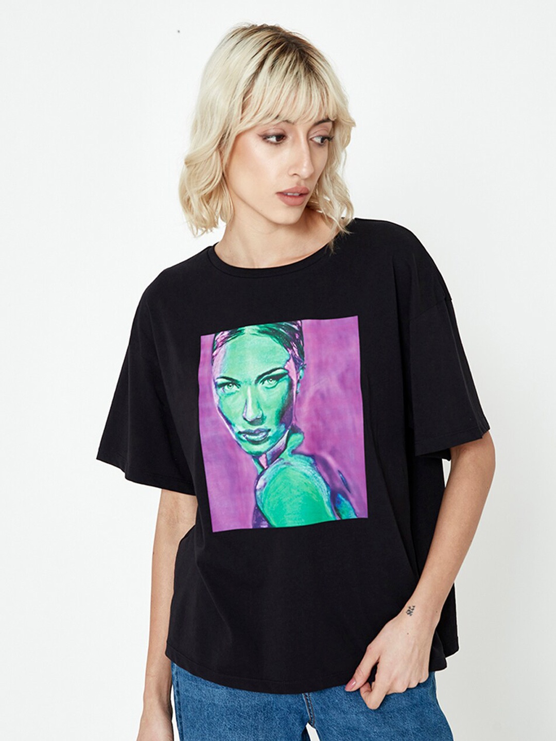 

COVER STORY Graphic Printed Drop-Shoulder Sleeves Boxy Cotton T-shirt, Black