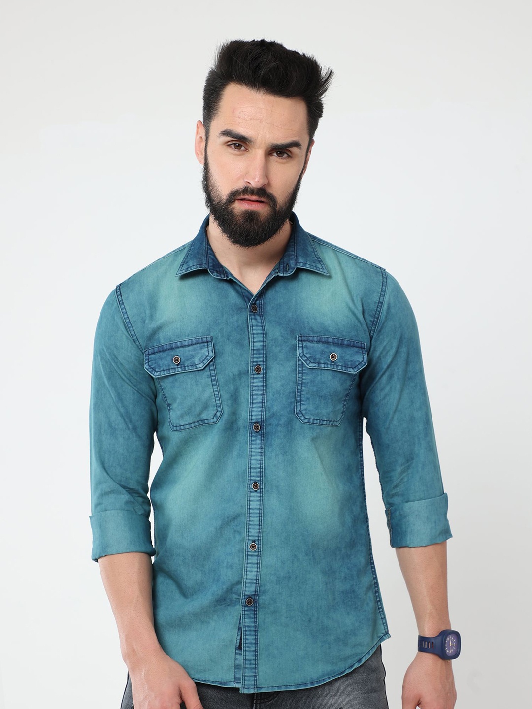

Reslag Spread Collar Faded Denim Casual Shirt, Blue