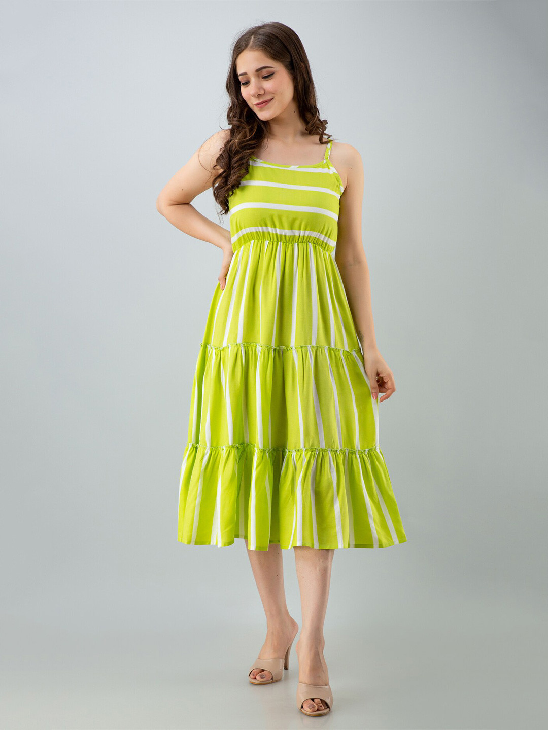 

VASANT APPAREL Striped Shoulder Straps Tiered Fit & Flare Dress, Lime green