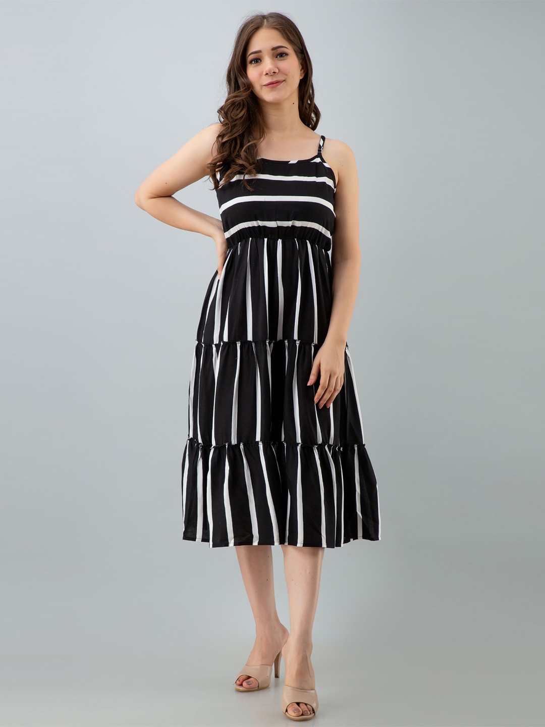 

VASANT APPAREL Striped Shoulder Straps Tiered Fit & Flare Dress, Black