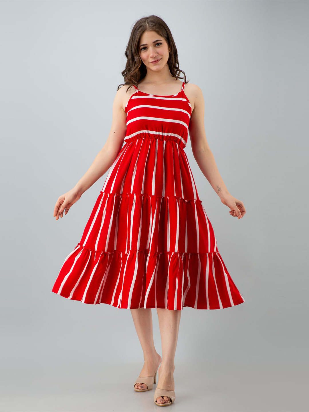 

VASANT APPAREL Striped Shoulder Straps Tiered Fit & Flare Dress, Red