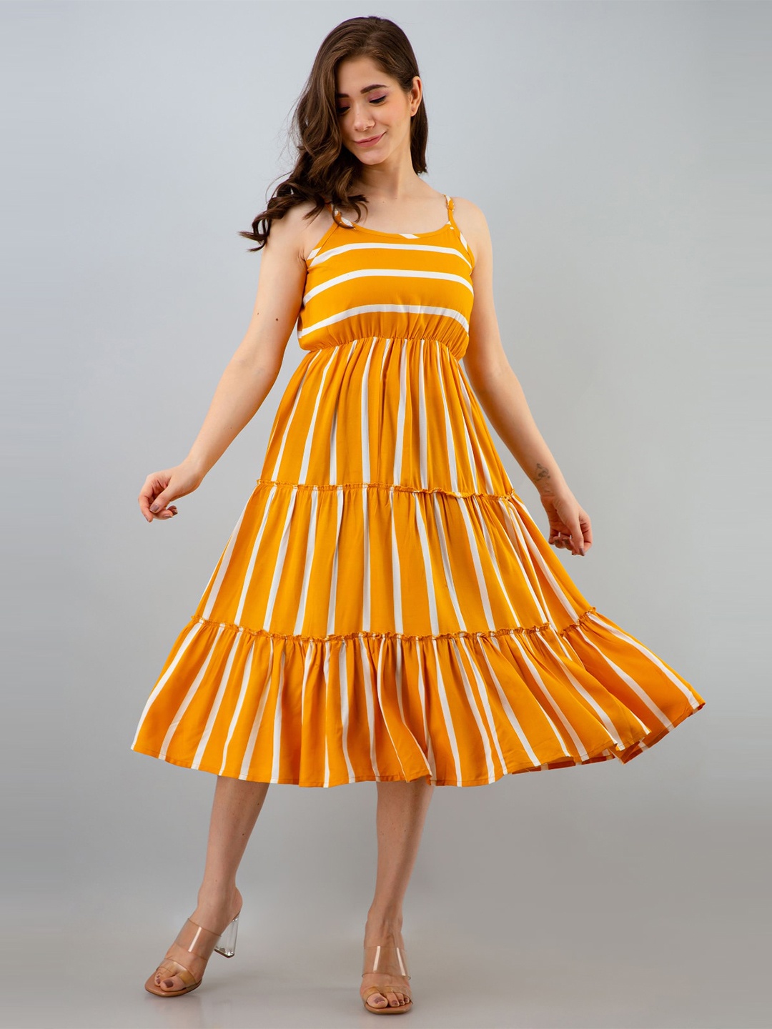 

VASANT APPAREL Striped Shoulder Straps Tiered Fit & Flare Dress, Yellow