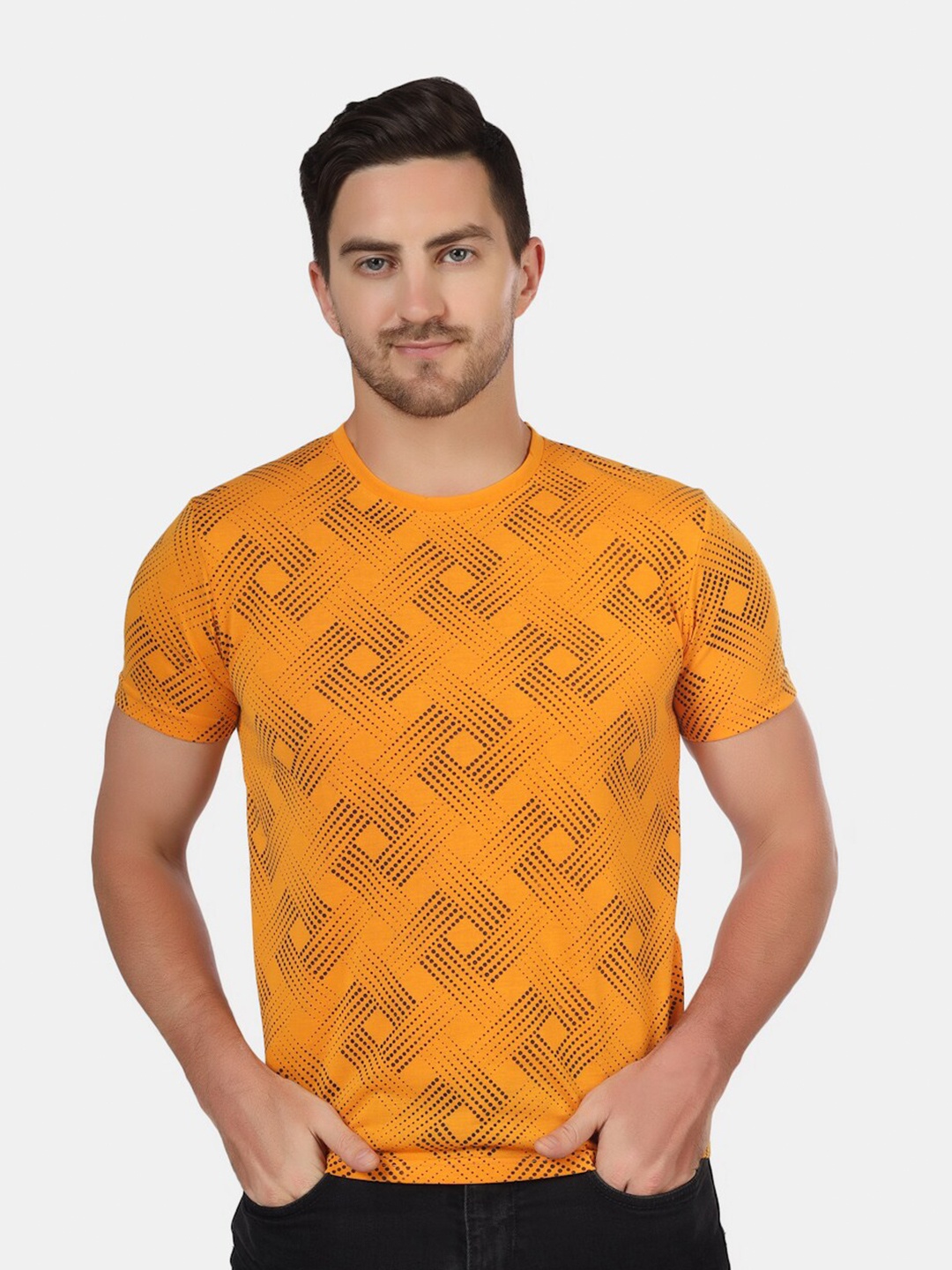 

HILL STREET Geometric Printed Round Neck T-shirt, Mustard