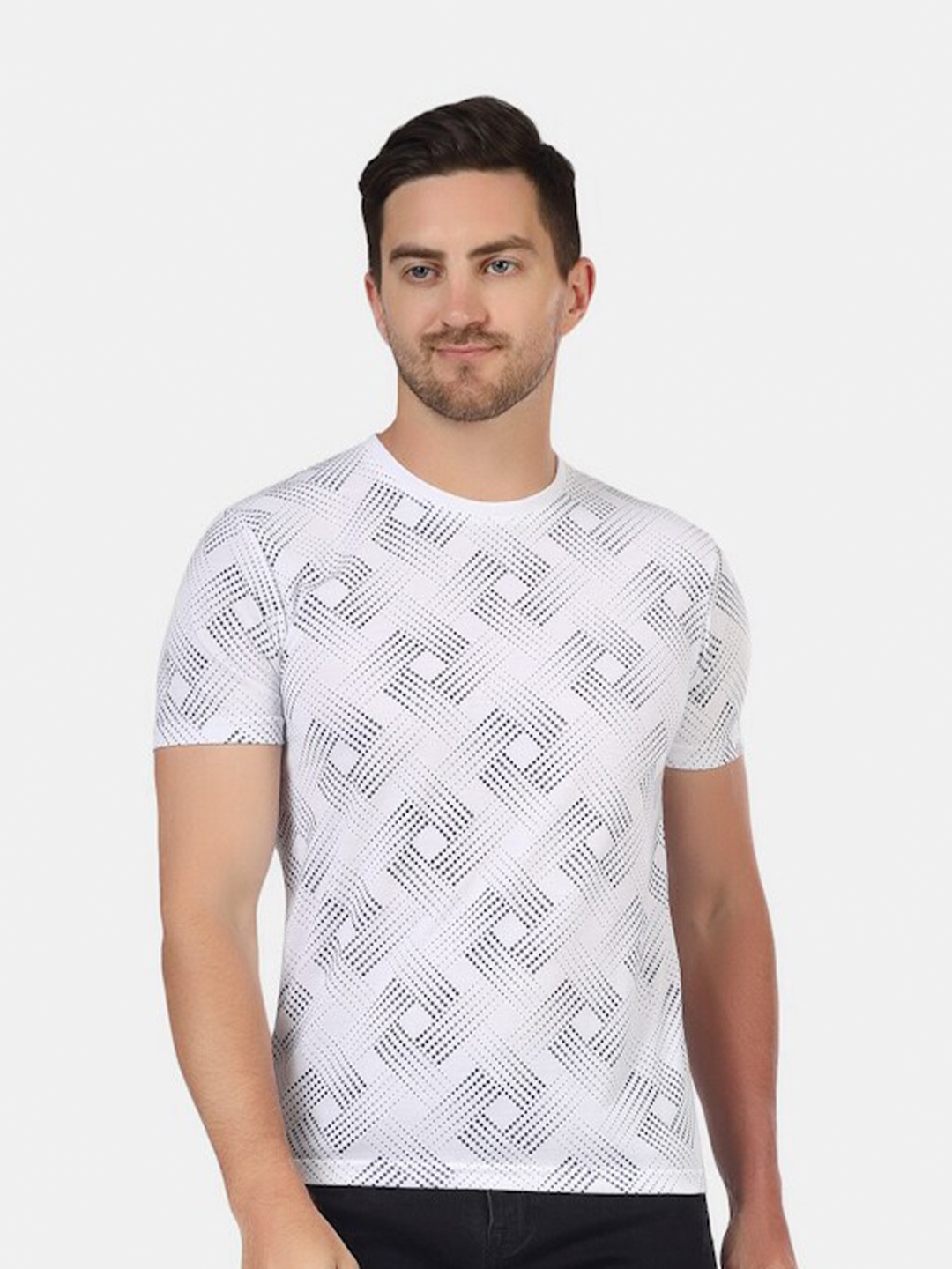 

HILL STREET Geometric Printed Round Neck T-shirt, White
