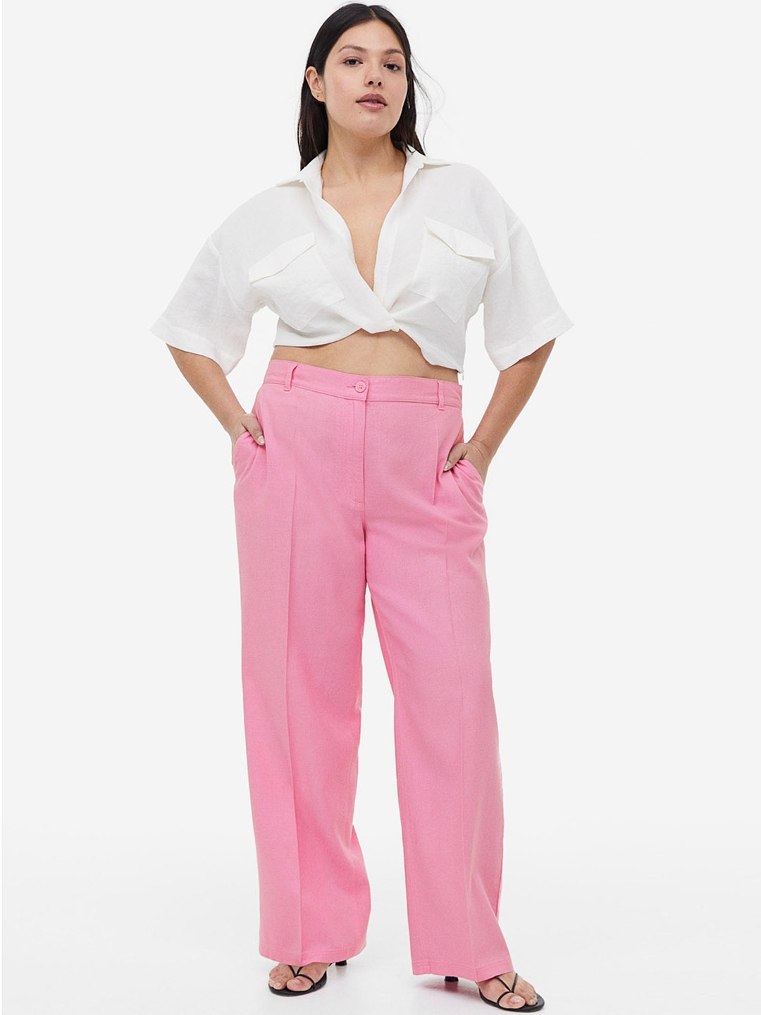 

H&M Women Linen-Blend Twill Trousers, Pink