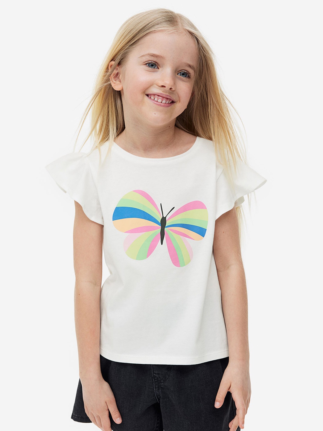 

H&M Girls Flutter-Sleeved Jersey Top, White