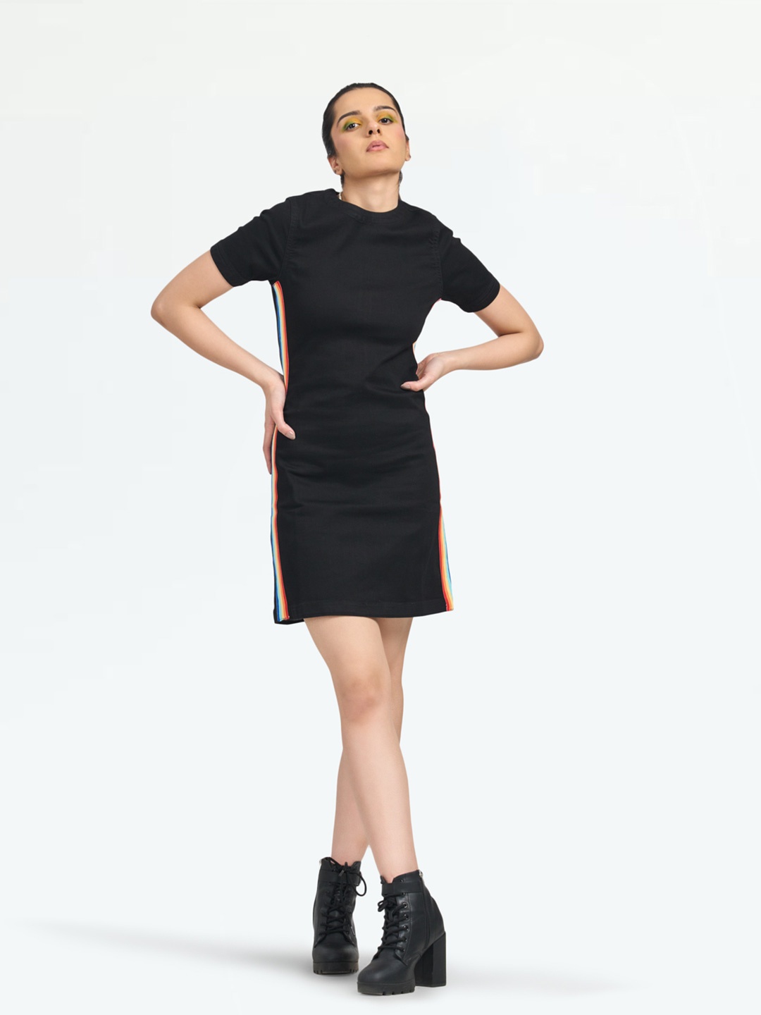 

LOVEGEN Round Neck Side Tape Cotton Mini T-shirt Dress, Black