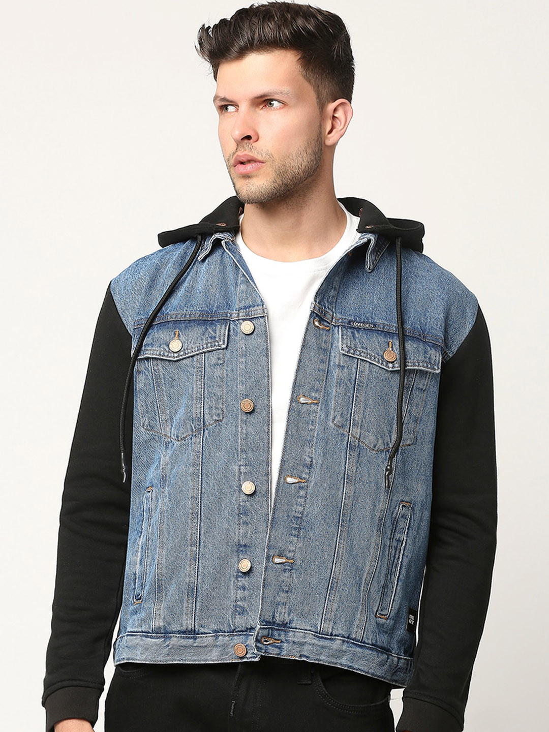 

LOVEGEN Washed Hooded Denim Jacket with Patchwork, Blue