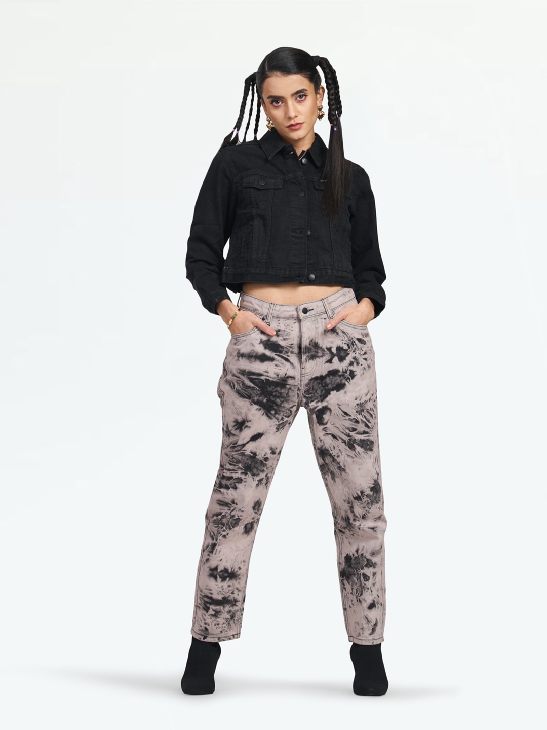 

LOVEGEN Typography Printed Crop Denim Jacket, Black
