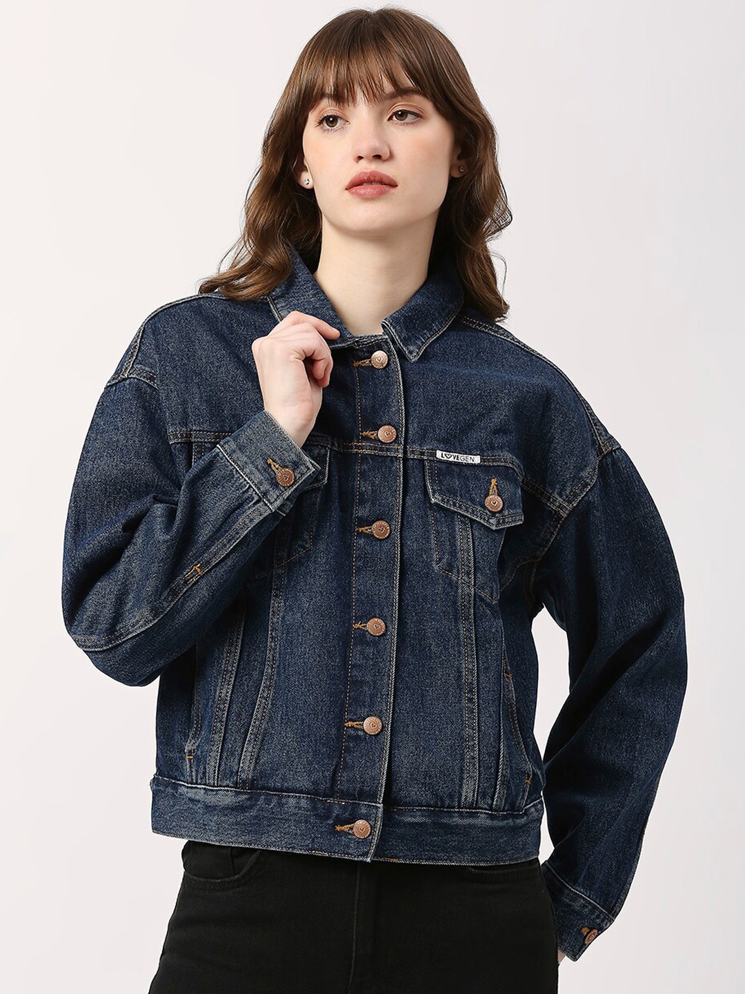 

LOVEGEN Typography Printed Washed Denim Jacket, Blue