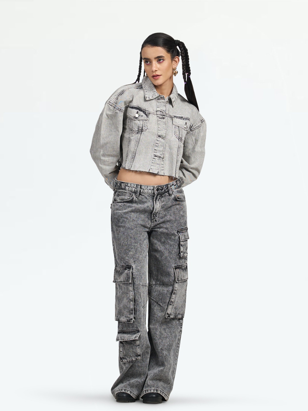 

LOVEGEN Typography Printed Crop Denim Jacket, Grey