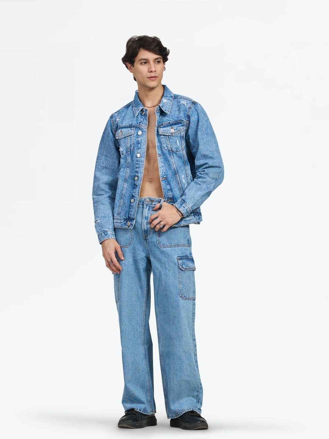 LOVEGEN Typography Printed Distressed Denim Jacket, Blue