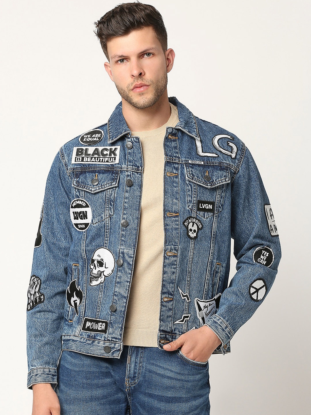 

LOVEGEN Washed Denim Jacket with Patchwork, Blue