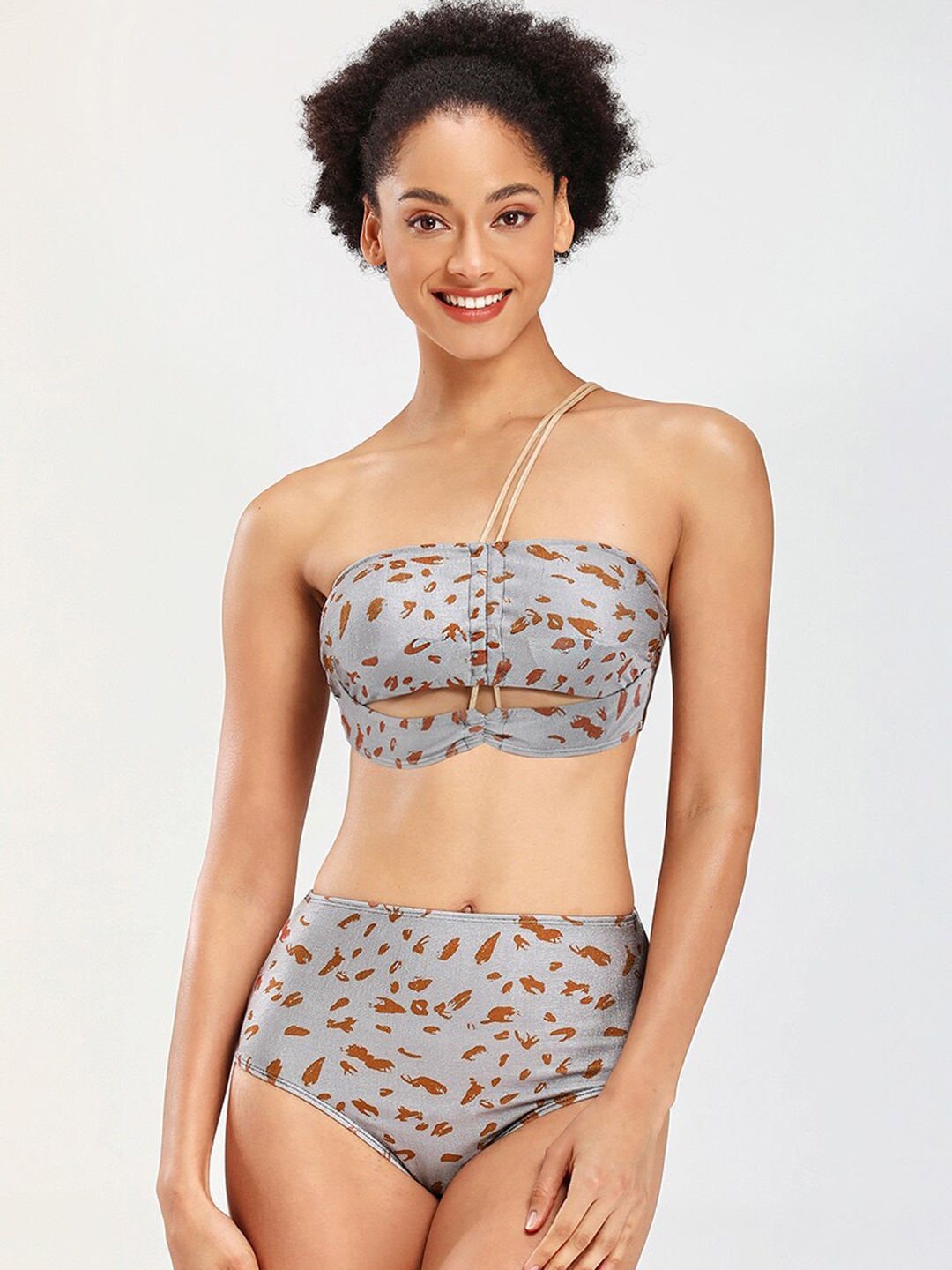 

JC Collection Printed Shoulder Straps Medium Coverage Swim Bikini Set, Grey