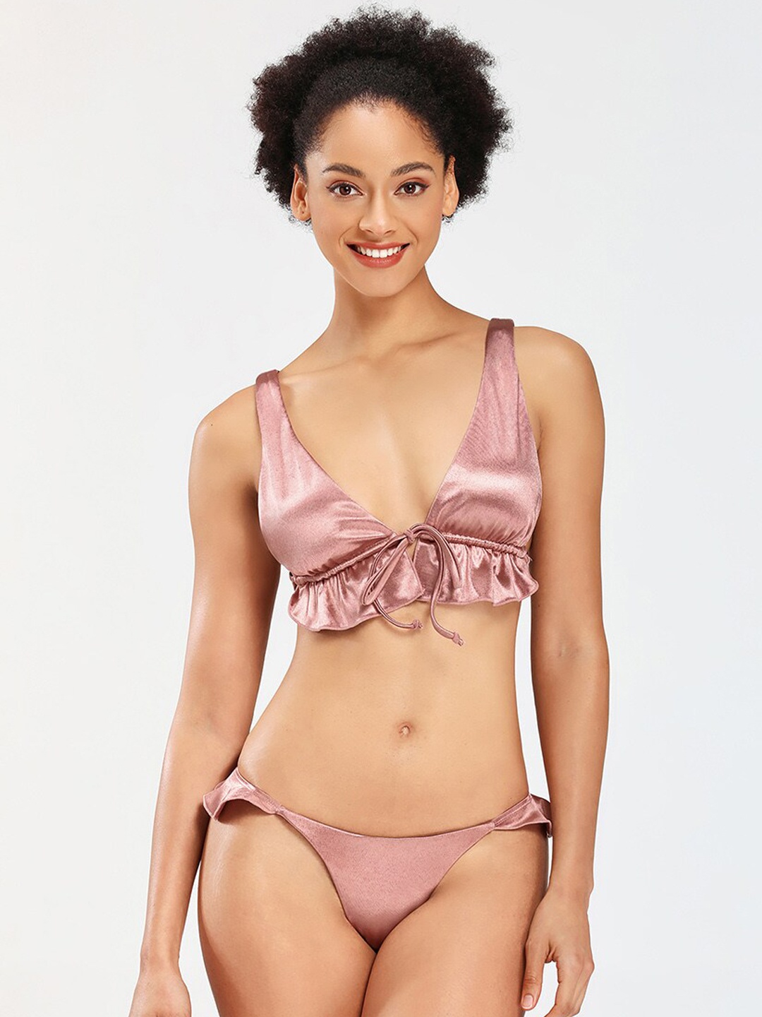 

JC Collection Two Piece Tie Up Ruffled Bikini Set, Pink