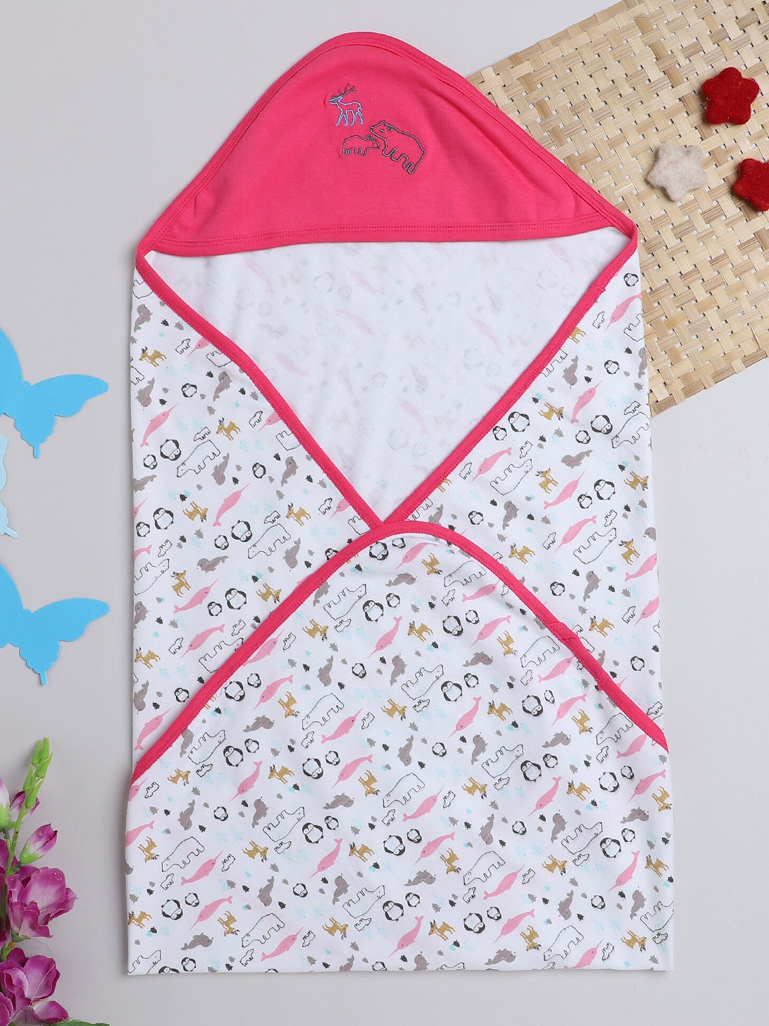 

BUMZEE Infant Girls Printed Baby Hooded Wrapper, White