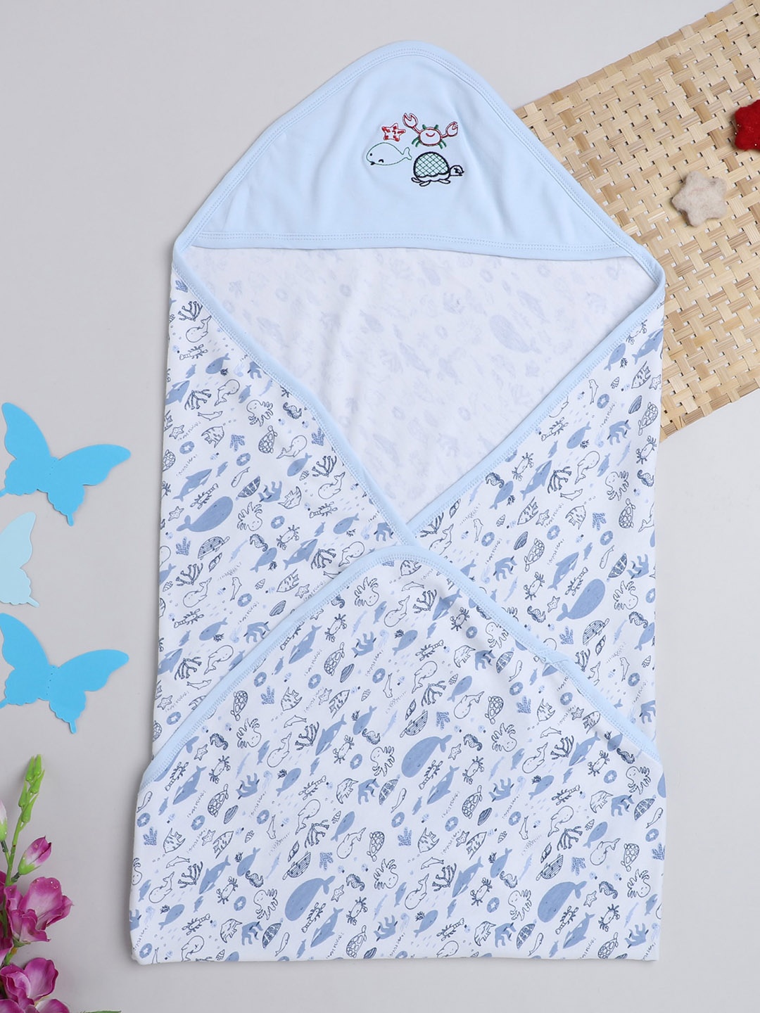 

BUMZEE Infant Boys Printed Cotton Hooded Wrapper, White