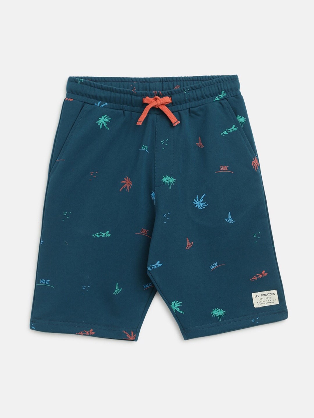 

Lil Tomatoes Boys Conversational Printed Mid Rise Knitted Shorts, Teal