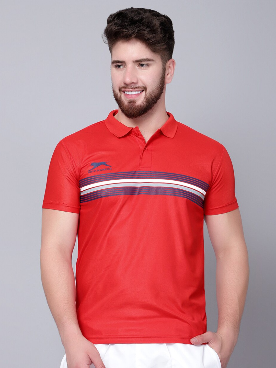 

Shiv Naresh Striped Polo Collar 3D Fit Cotton T-shirt, Red