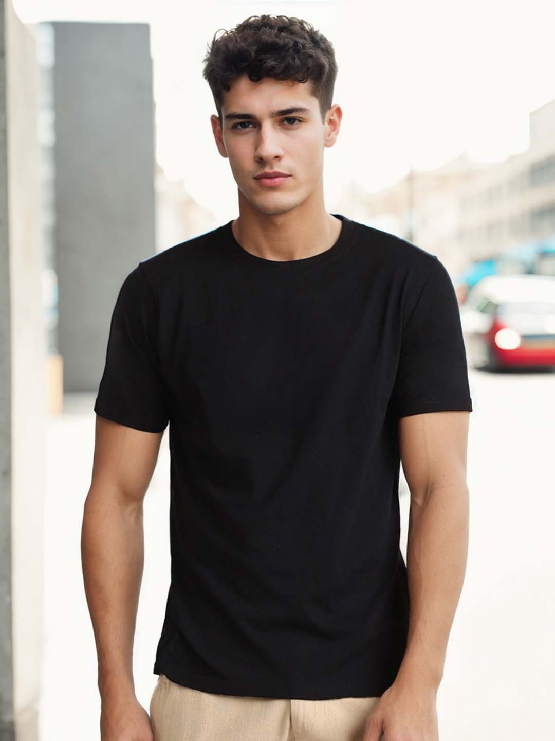 

NOBERO Round Neck Cotton T-shirt, Black