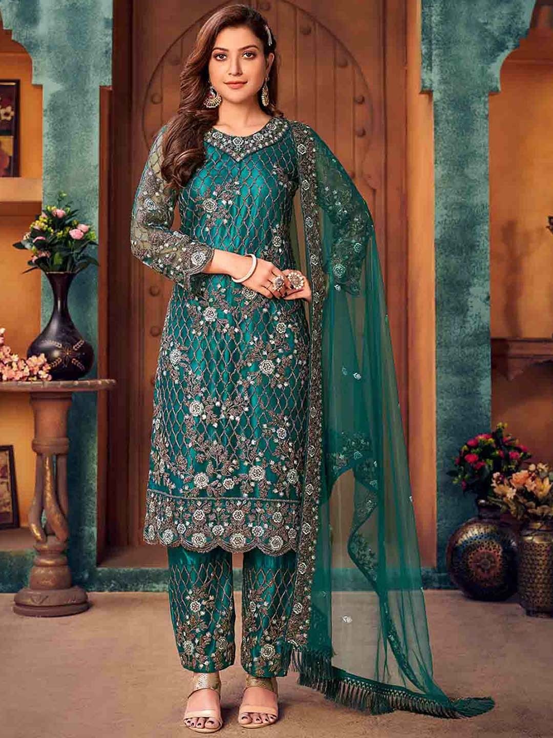 

ODETTE Ethnic Motifs Embroidered Kurta With Trousers & Dupatta, Teal