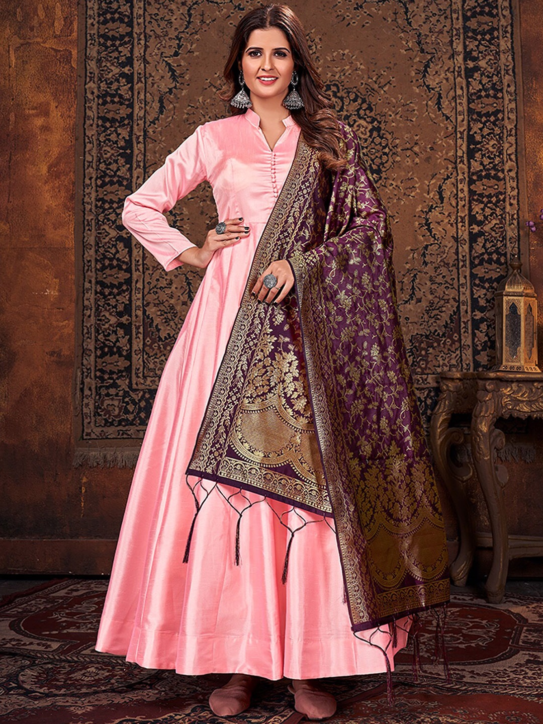 

ODETTE Mandarin Collar Panelled Anarkali Kurta With Trousers & Dupatta, Pink