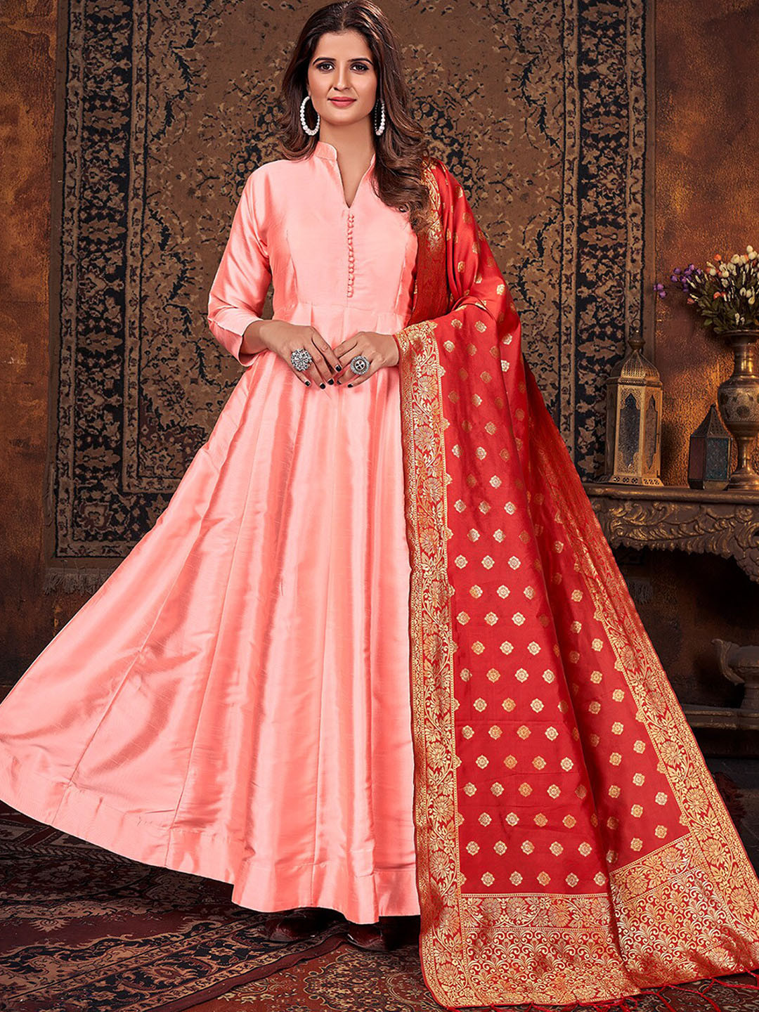 

ODETTE Mandarin Collar Panelled Anarkali Kurta With Leggings & Dupatta, Peach