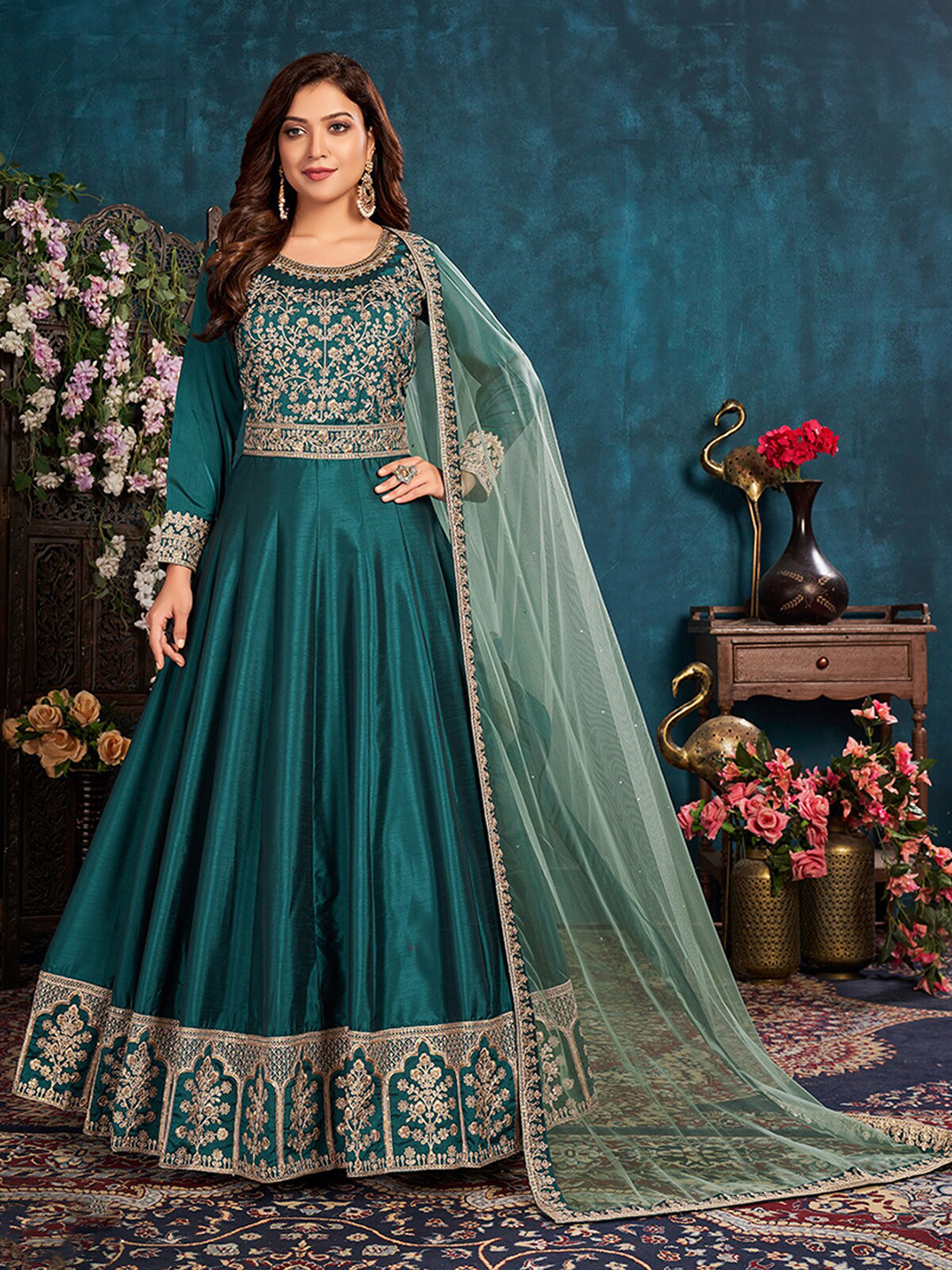 

ODETTE Floral Embroidered Anarkali Kurta With Trousers & Dupatta, Teal